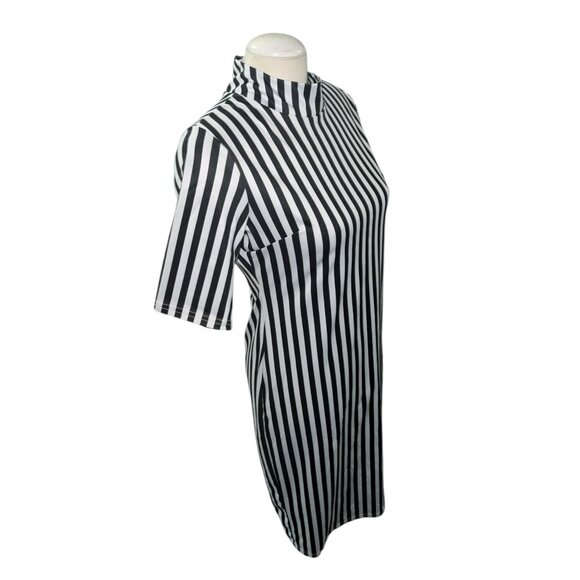 Black & White Vertical Striped Prisoner Jail Costume Dress With High Neck Short - Picture 10 of 10